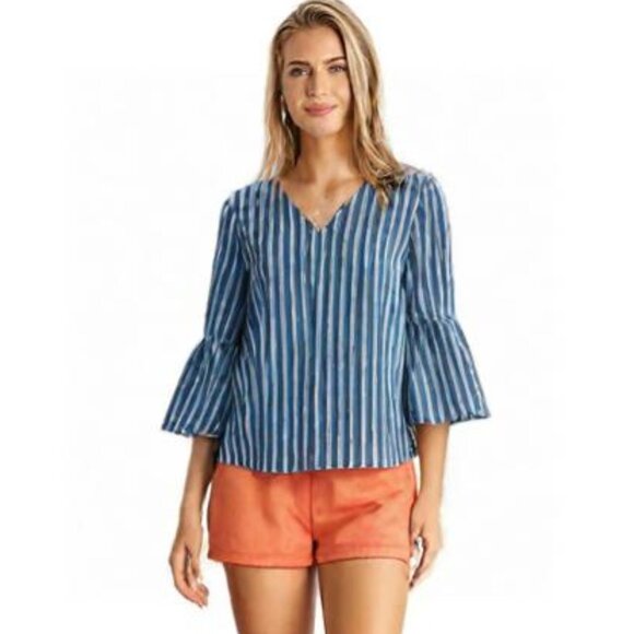 APPRAISAL Bell Sleeve Striped Blue Chambray Top NWT SMALL - Picture 1 of 12